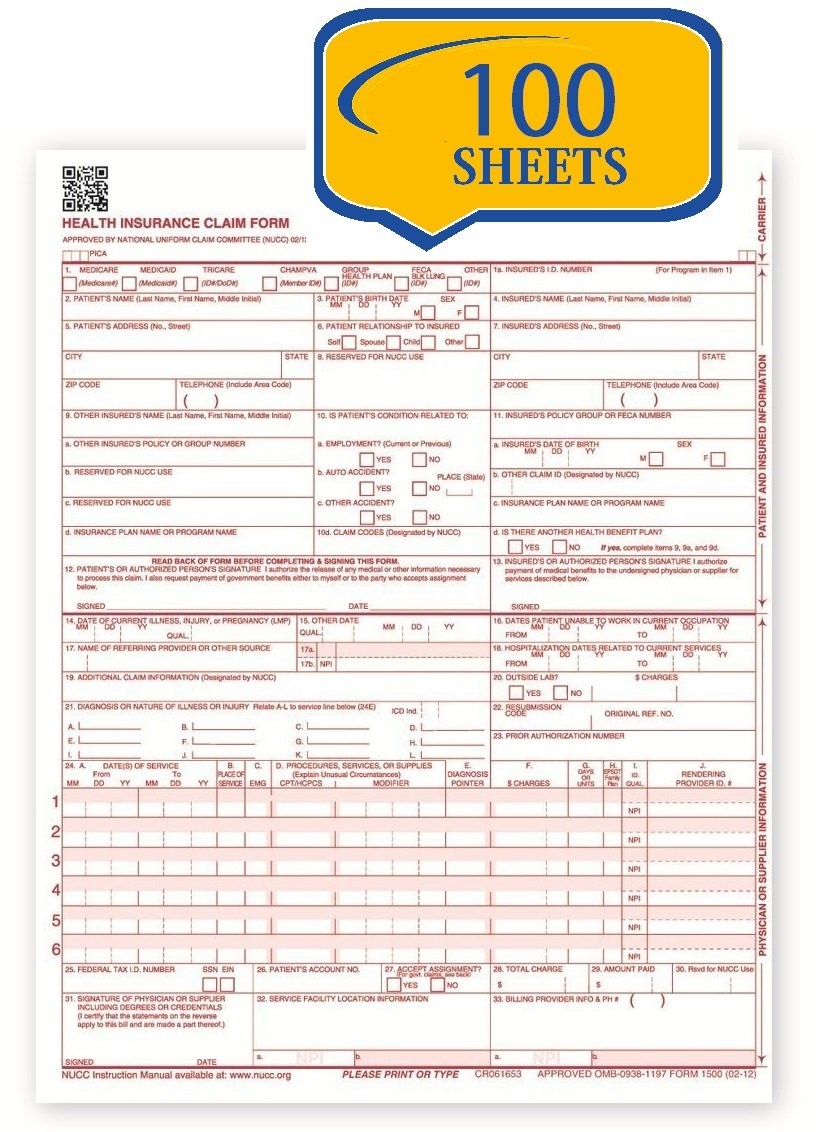 New CMS 1500 Claim Forms – HCFA (Version 02/12) (100 Sheets)