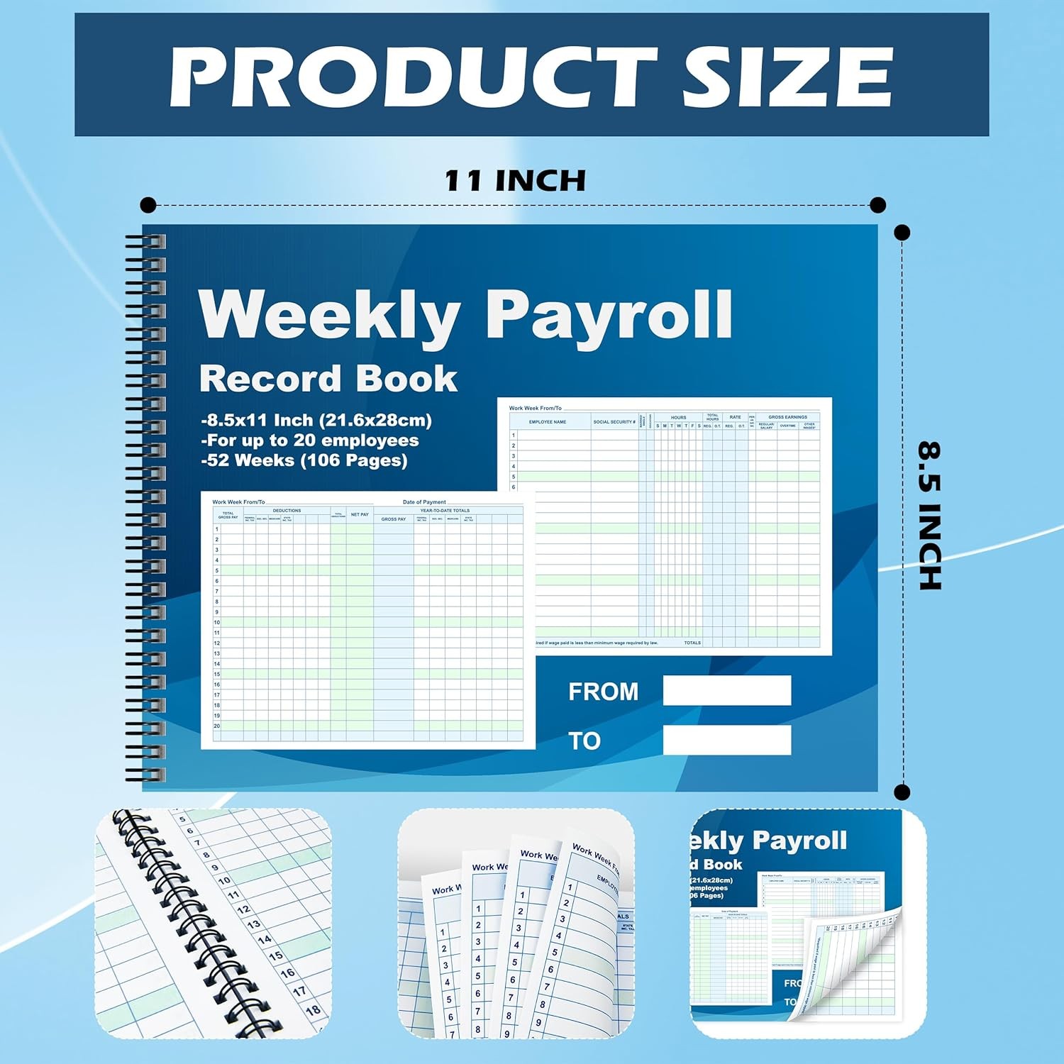 1 Pcs Weekly Payroll Record Book 8.5×11 Inch Spiral Binder 52 Weeks 106 Pages Em