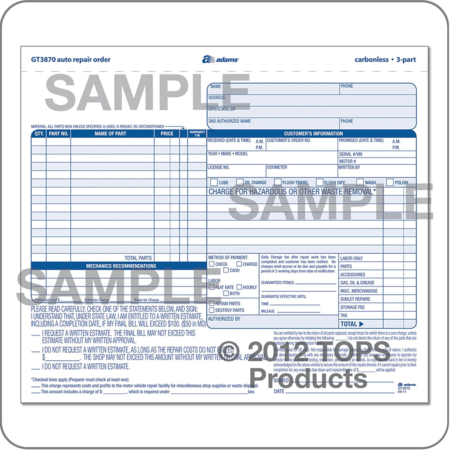 Adams Auto Repair Order Forms, 8.5 X 7.44, 3-Part, Carbonless, 50-Pack (GT3870)