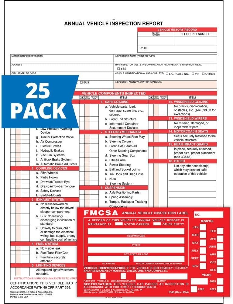 25-Pack DOT Compliant Vehicle Inspection Forms & Durable Aluminum Labels
