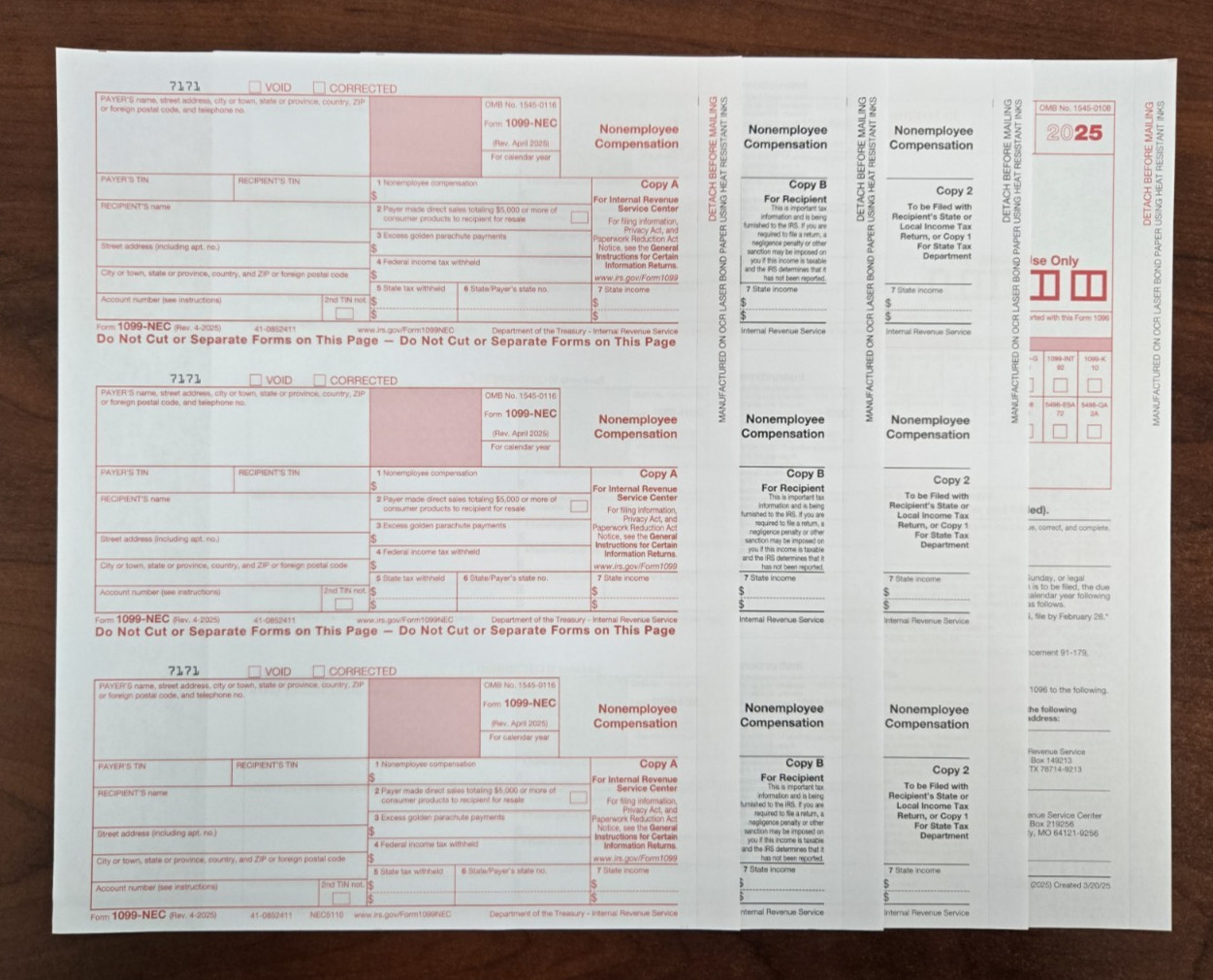 2025 IRS Tax Form 1099 NEC – 12 Recipients LASER 3 Pt + (2) 1096 – No Envelopes