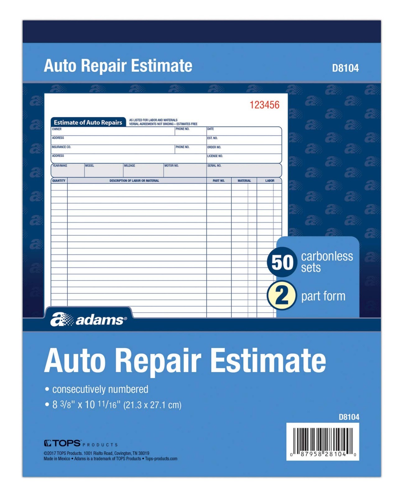 Garage Repair Order Forms 250-Count, 3 Parts, Carbonless, Auto Estimate Book, 8.