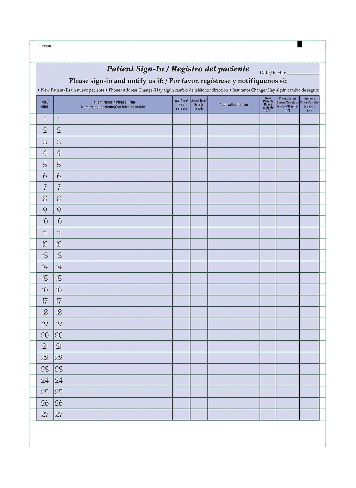 Bilingual Patient Sign-in Sheets