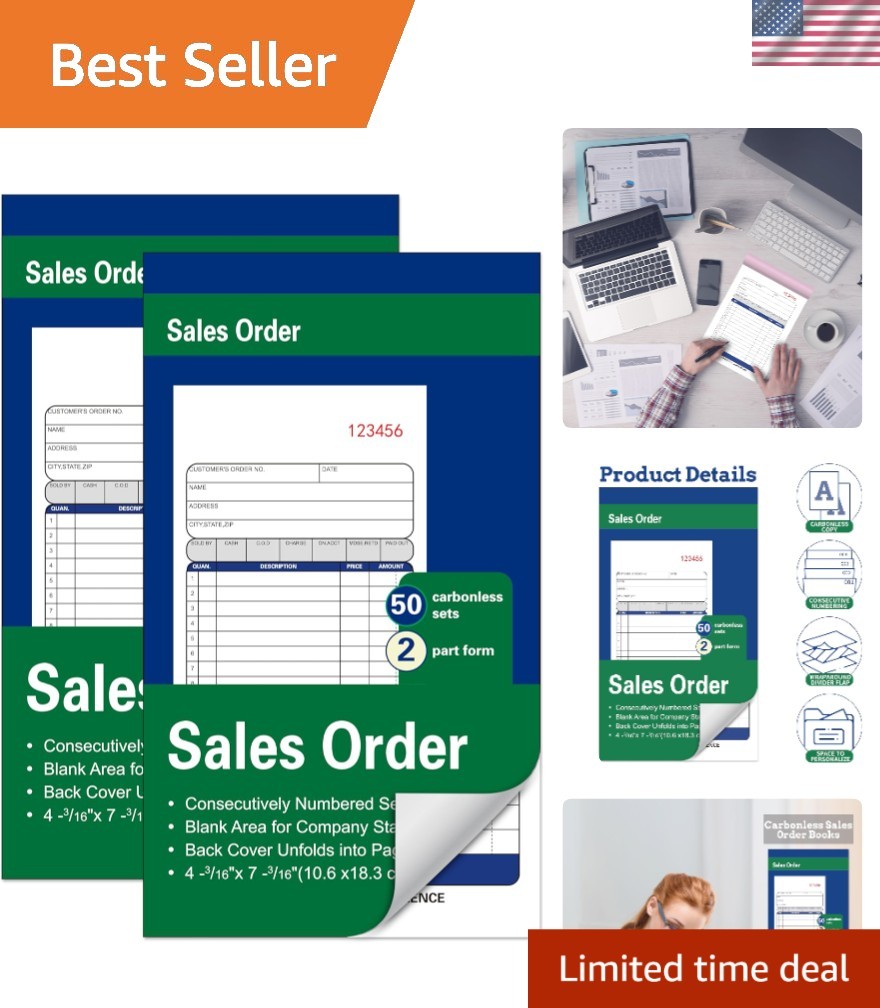 2-Pack Carbonless Sales Order Books – 4-3/16 x 7-3/16 Inches, Durable & Portable
