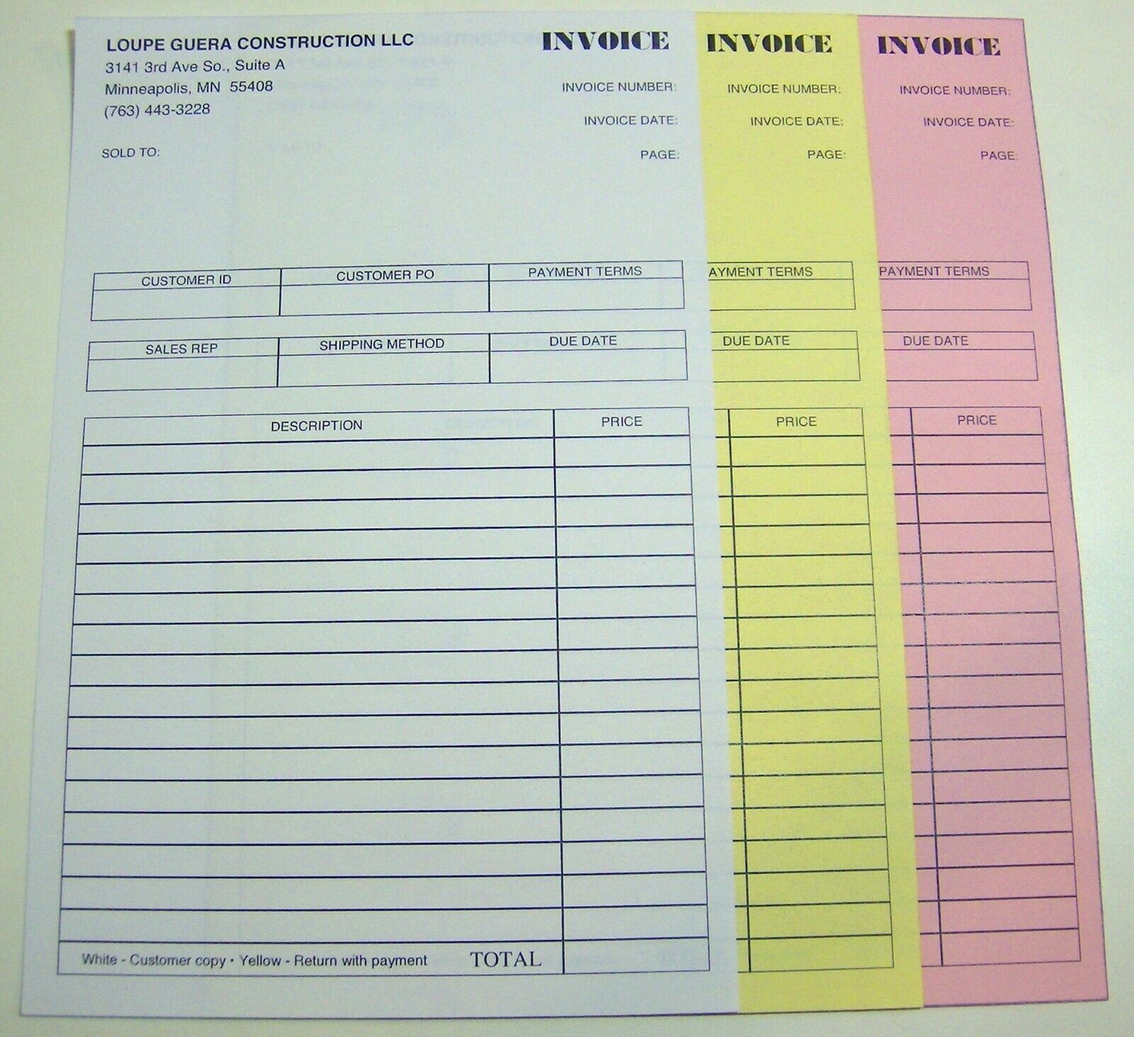 FORMS NCR CARBONLESS – 1000 SETS 3 PART CUSTOM printed