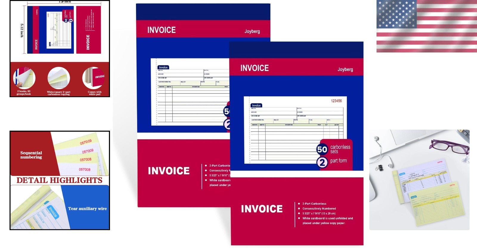 2-Pack Carbonless Invoice Book, 50 Sets, 5-1/8”x7-29/32” for Small Business