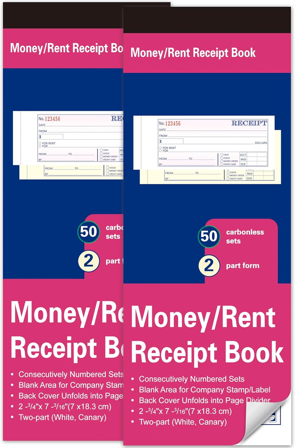 Receipt Book 2 Pack 2 Part Carbonless 50 Sets Per Book Rent Receipts 2.75×7.2in