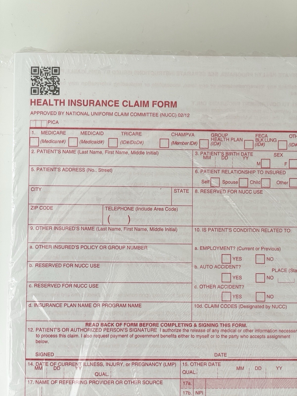 NEW CMS 1500 HCFA Health Insurance Claim Forms (Version 02/12) 500 Forms