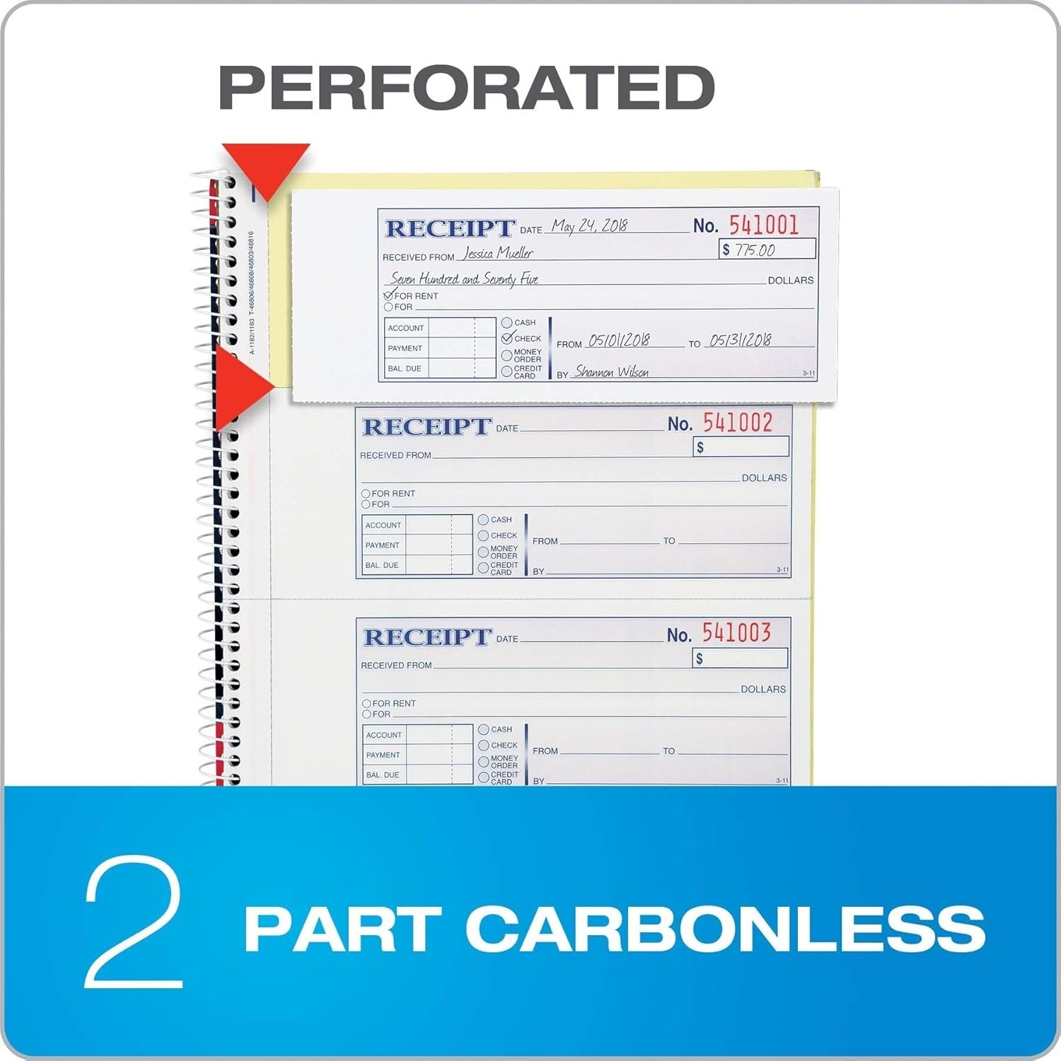 Money and Rent Receipt Book, 2-Part Carbonless, 7-5/8″ x 11″, Spiral Bound, 200