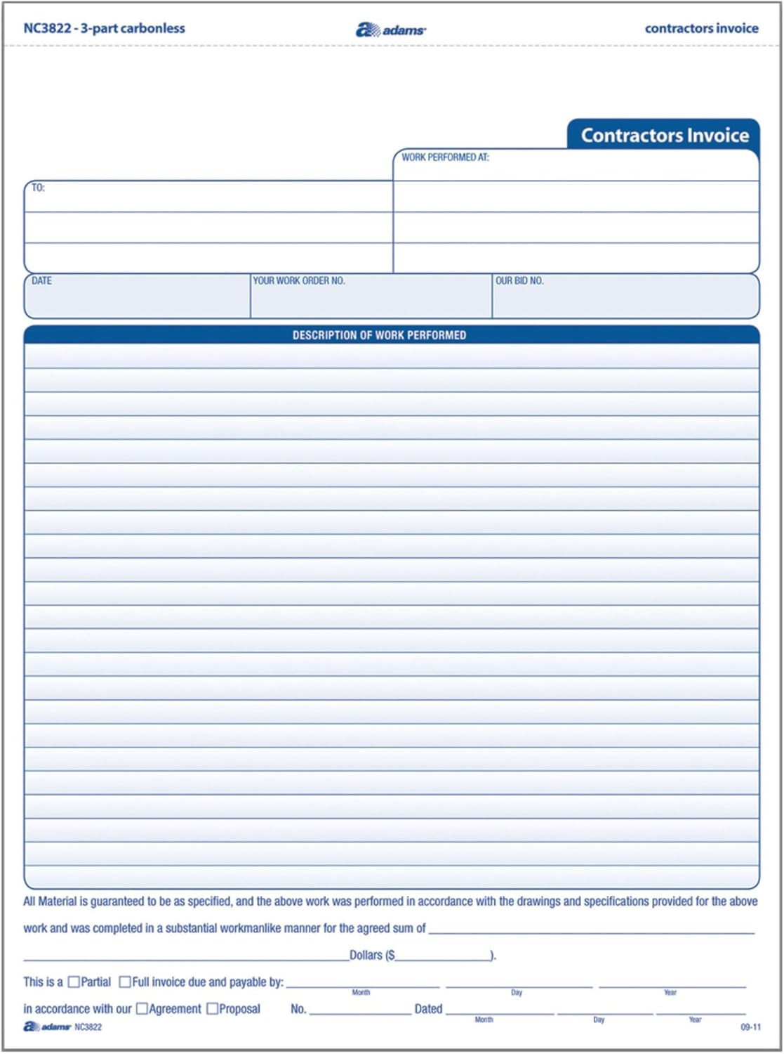 Contractor Invoice Forms, 8.5 X 11.44 Inch, 3-Part, Carbonless, 100-Pack, White,