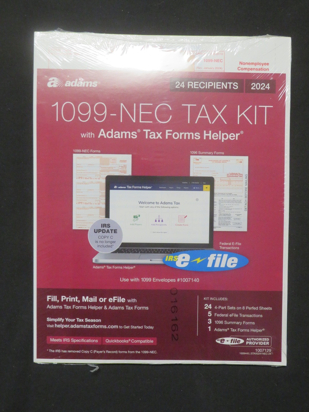 2024 Adams 1099-NEC Tax Kit 24 4-Part Sets 3 1096 Summary Forms 5 Free e-Files
