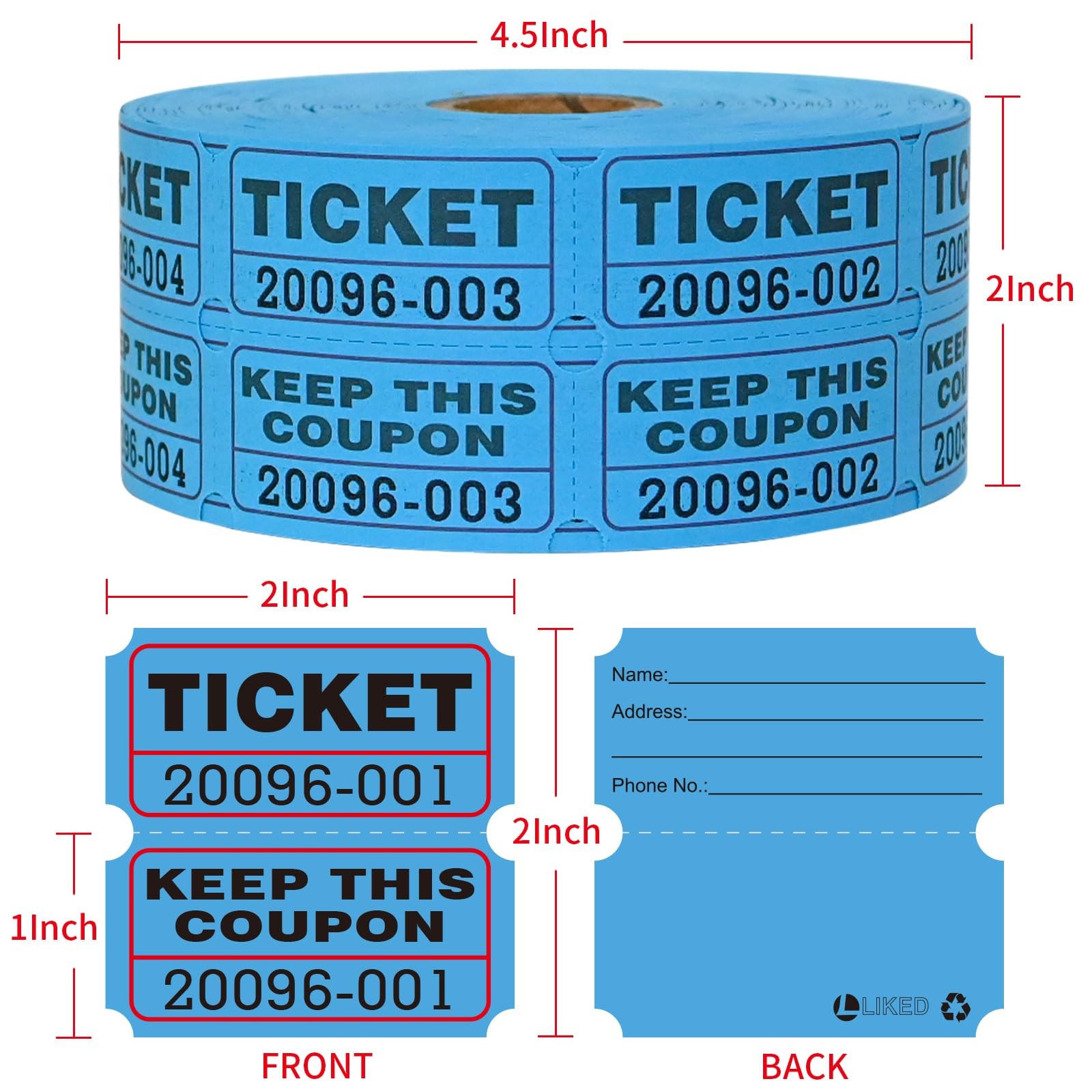 L LIKED Raffle Tickets Double Rolls 1000 4.5 x x 2.0 inches, 1000 Blue
