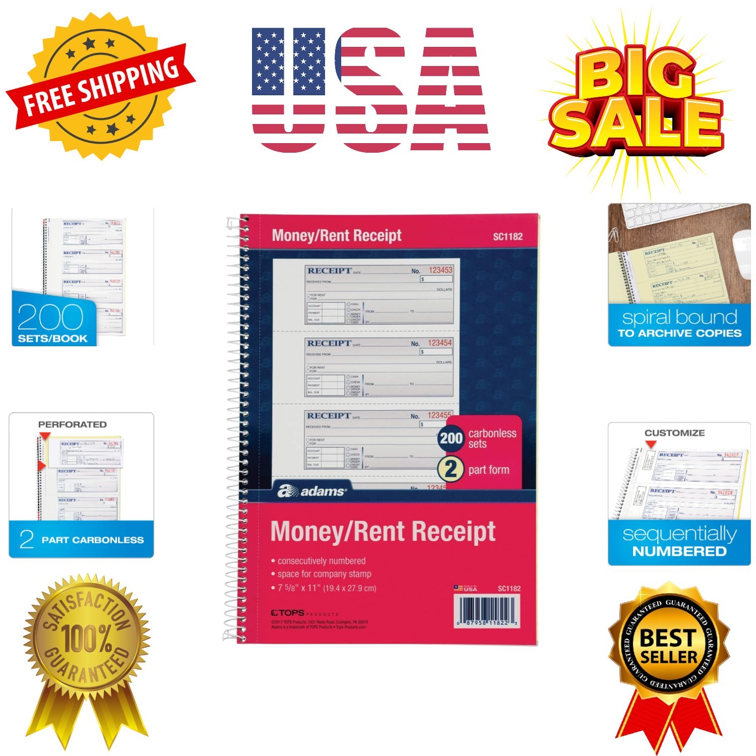 Money and Rent Receipt Book, 2-Part Carbonless, 7-5/8″ x 11″, Spiral Bound, 2…