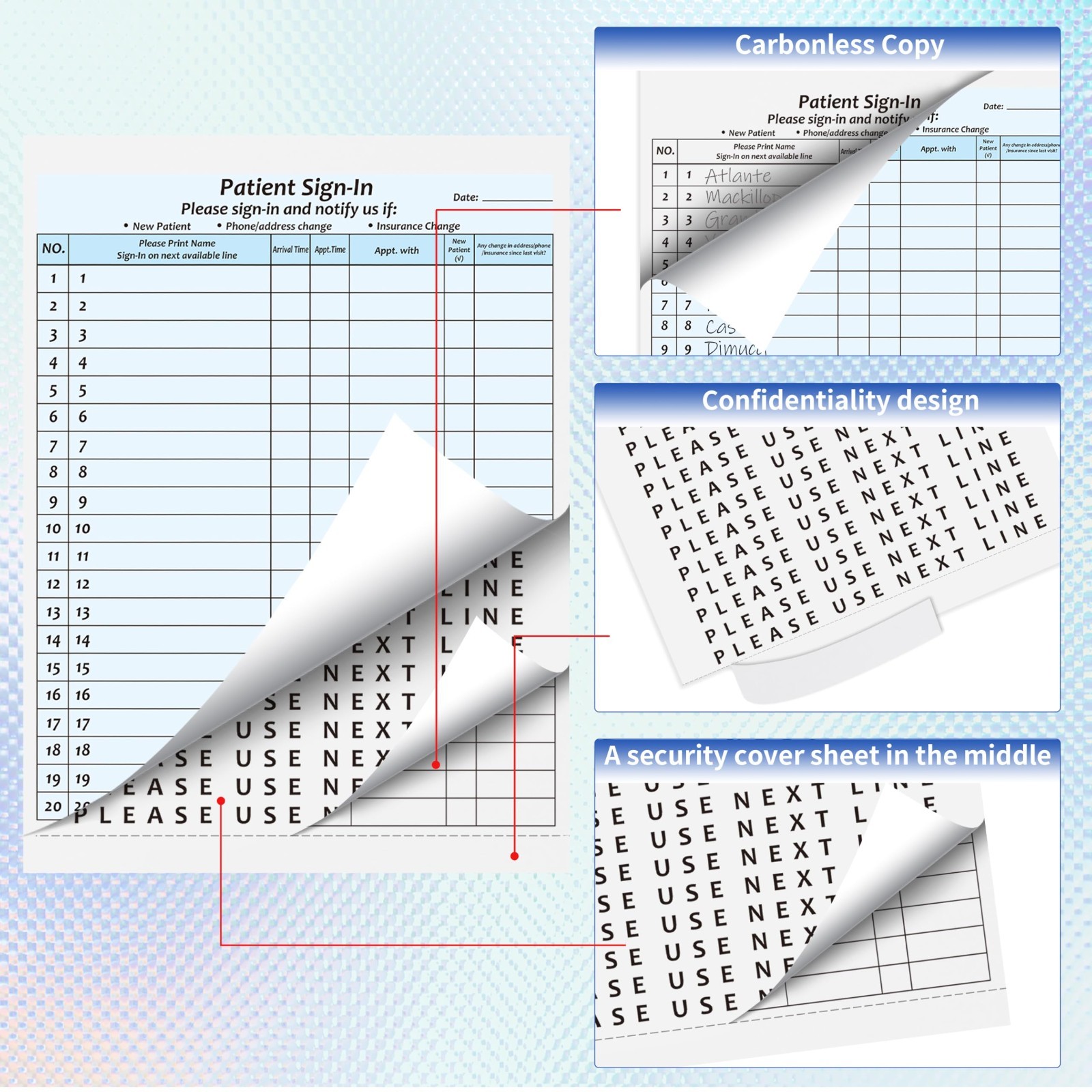 30 Pack HIPAA Compliant Patient Sign-In Sheets, Adhesive Peel-Off NCR Forms for
