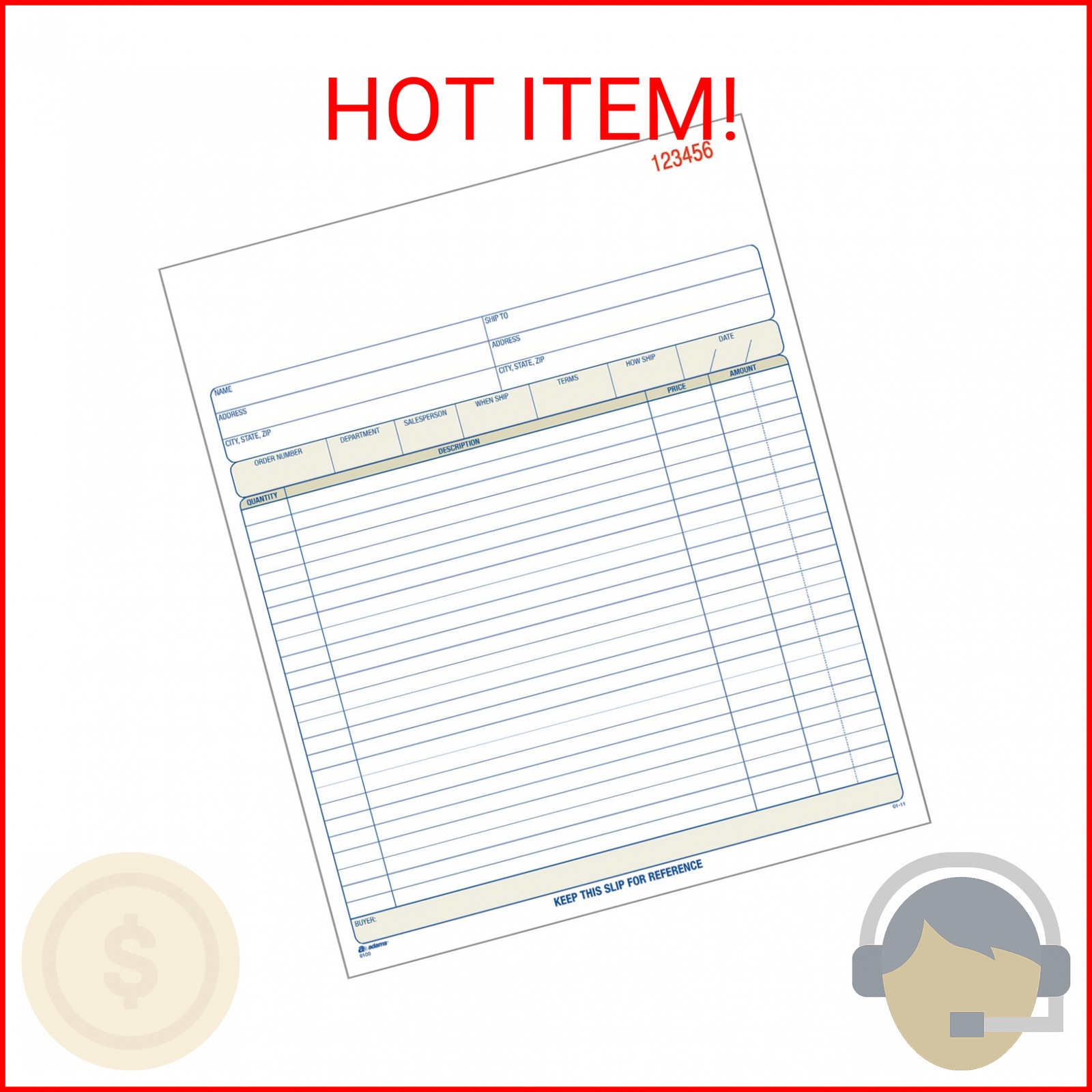 Adams Order Book, Carbonless, White/Canary/Pink, 3-Part, 8-3/8 x 10-11/16 Inches