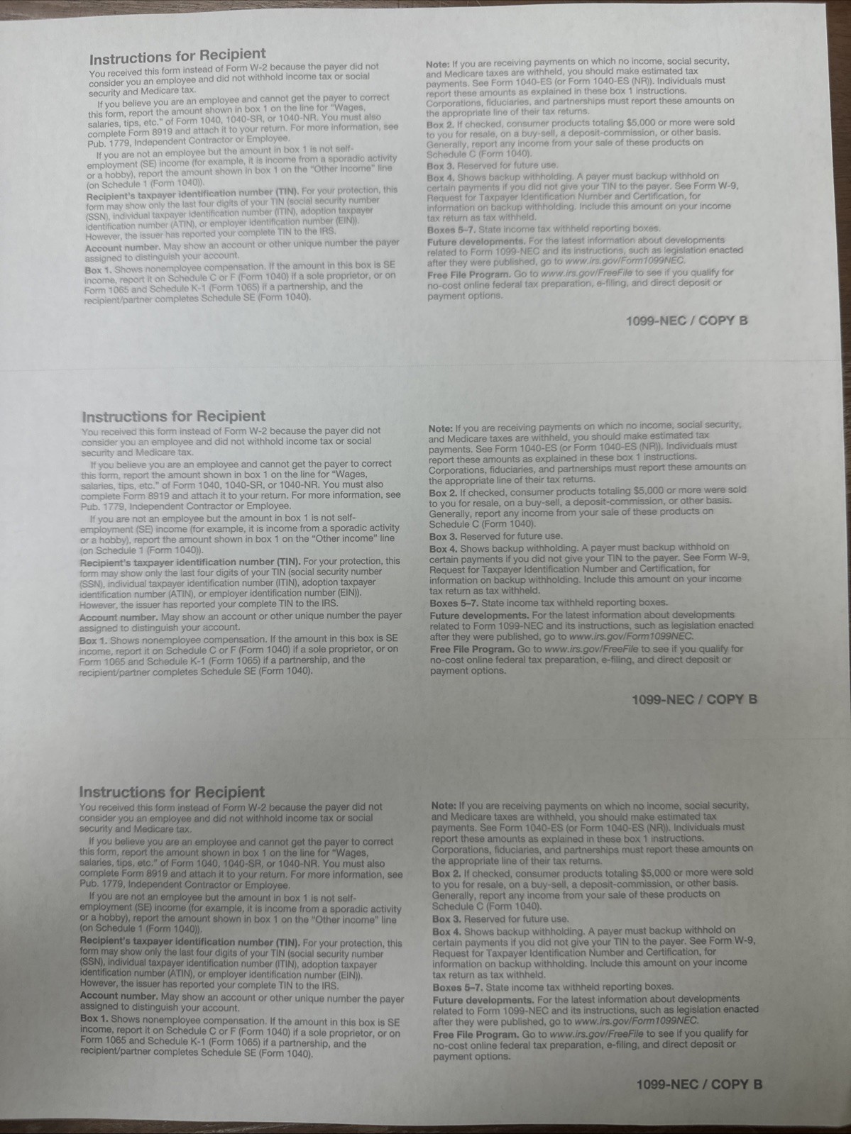 IRS Tax Form 1099 NEC Blank 3UP With Backer LASER – 150 Recipients