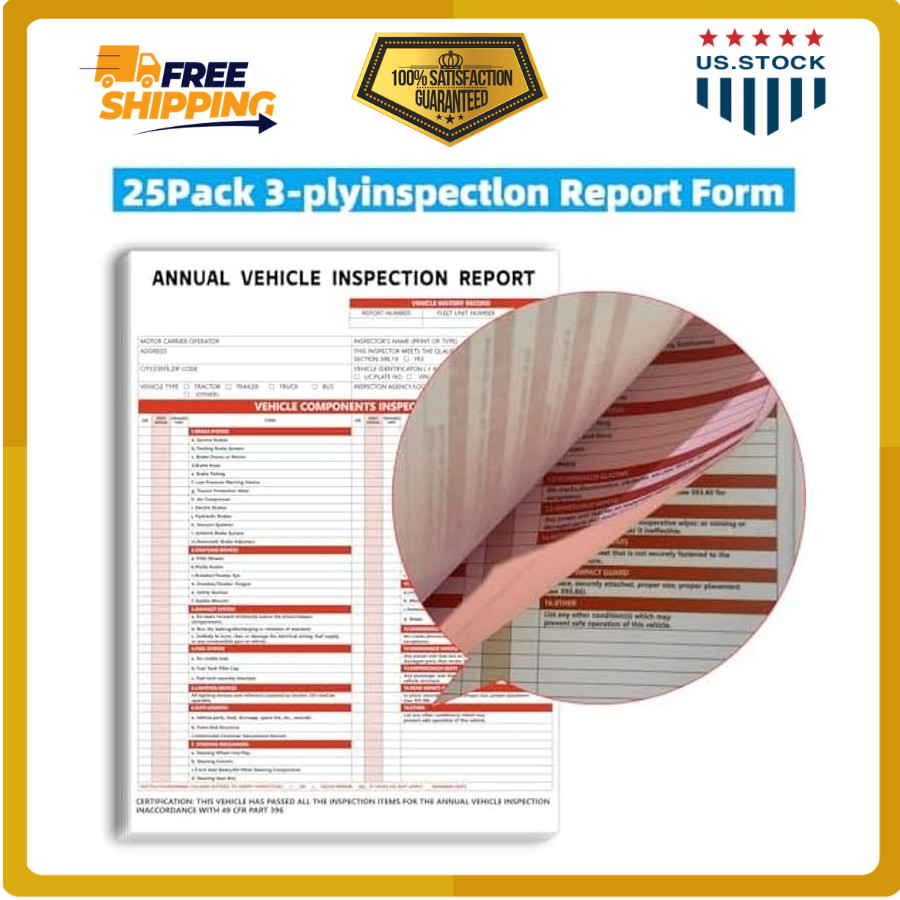 Annual Vehicle Inspection Report Form and Label 25 Pack 3 Layer Inspection Forms