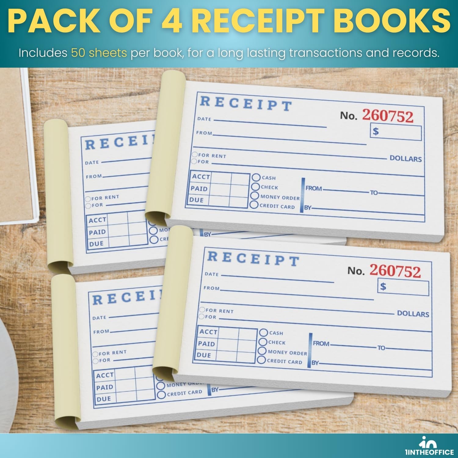 2-Part Carbonless Receipt Books 4 Pack Rent and Cash 50 Sets per Book