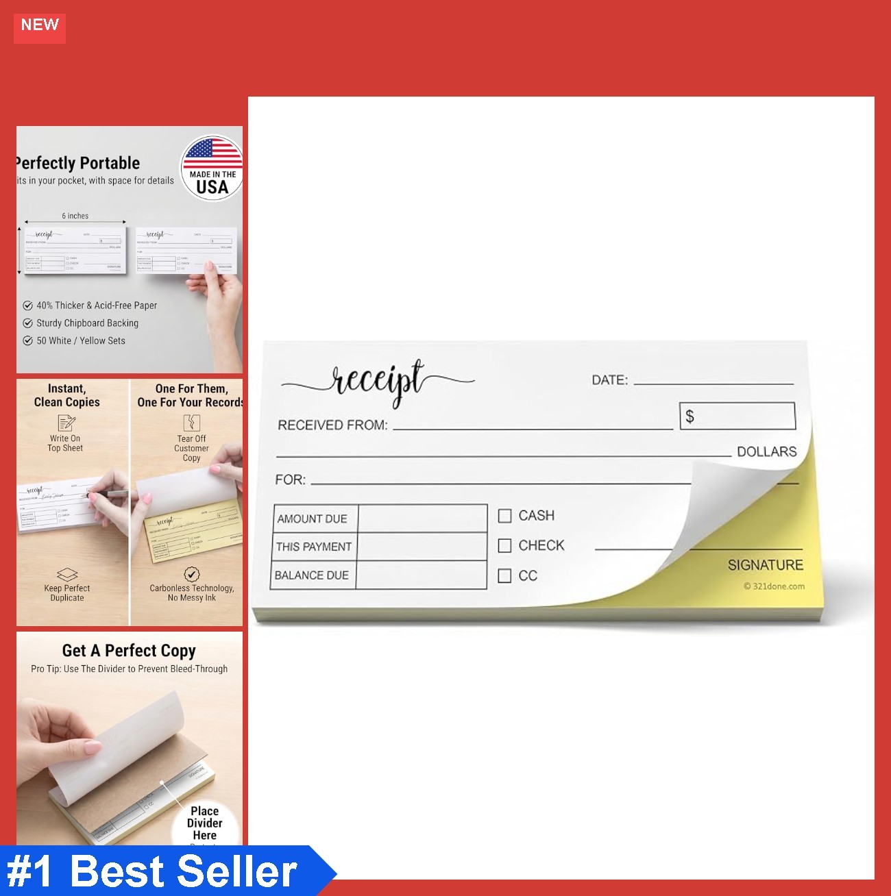 Receipt Book with Carbon Copies for Small Boutique Business, 2-Part Carbonless