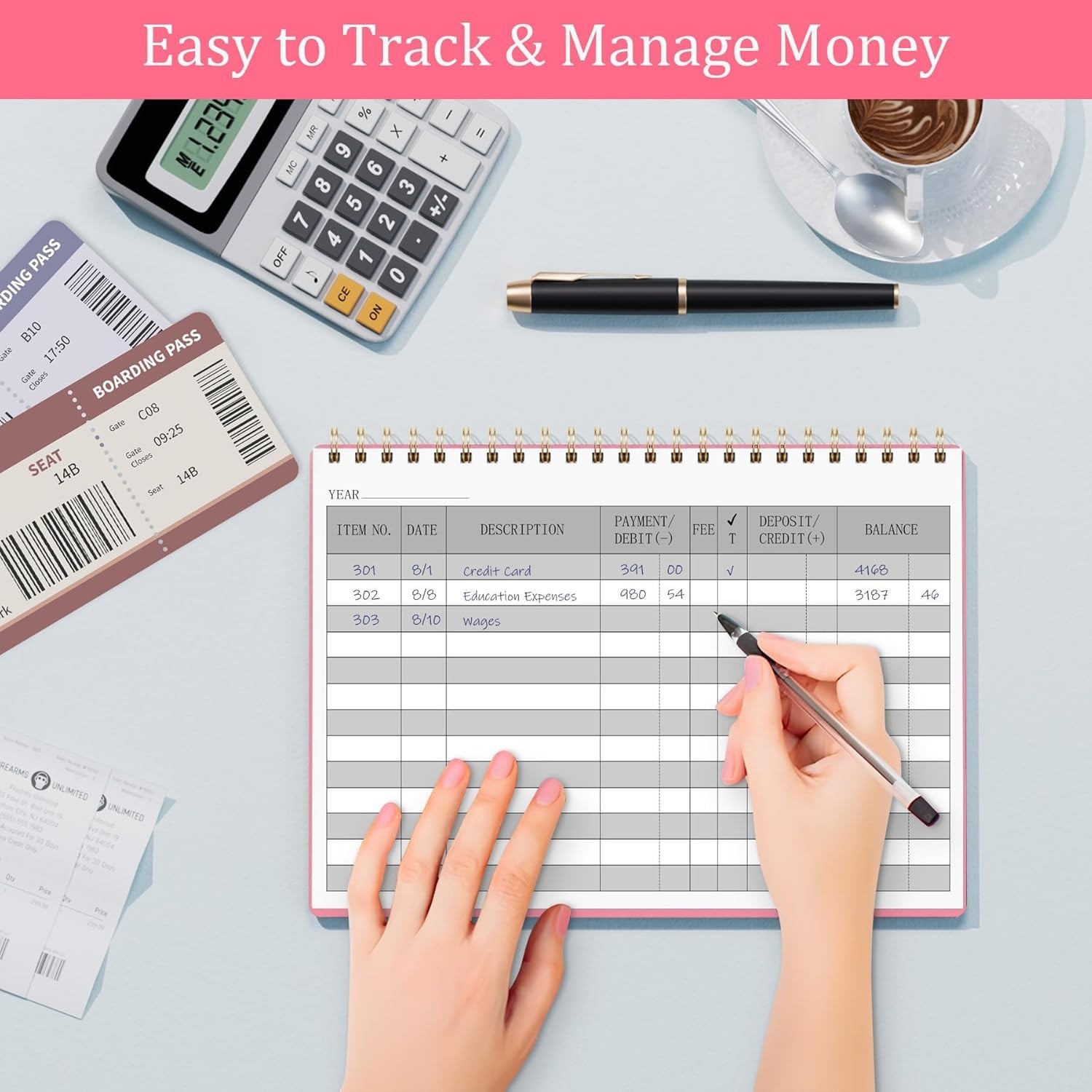 Financial Tracker Check Register Pink 100 Pages with Calendar and Receipt Pocket