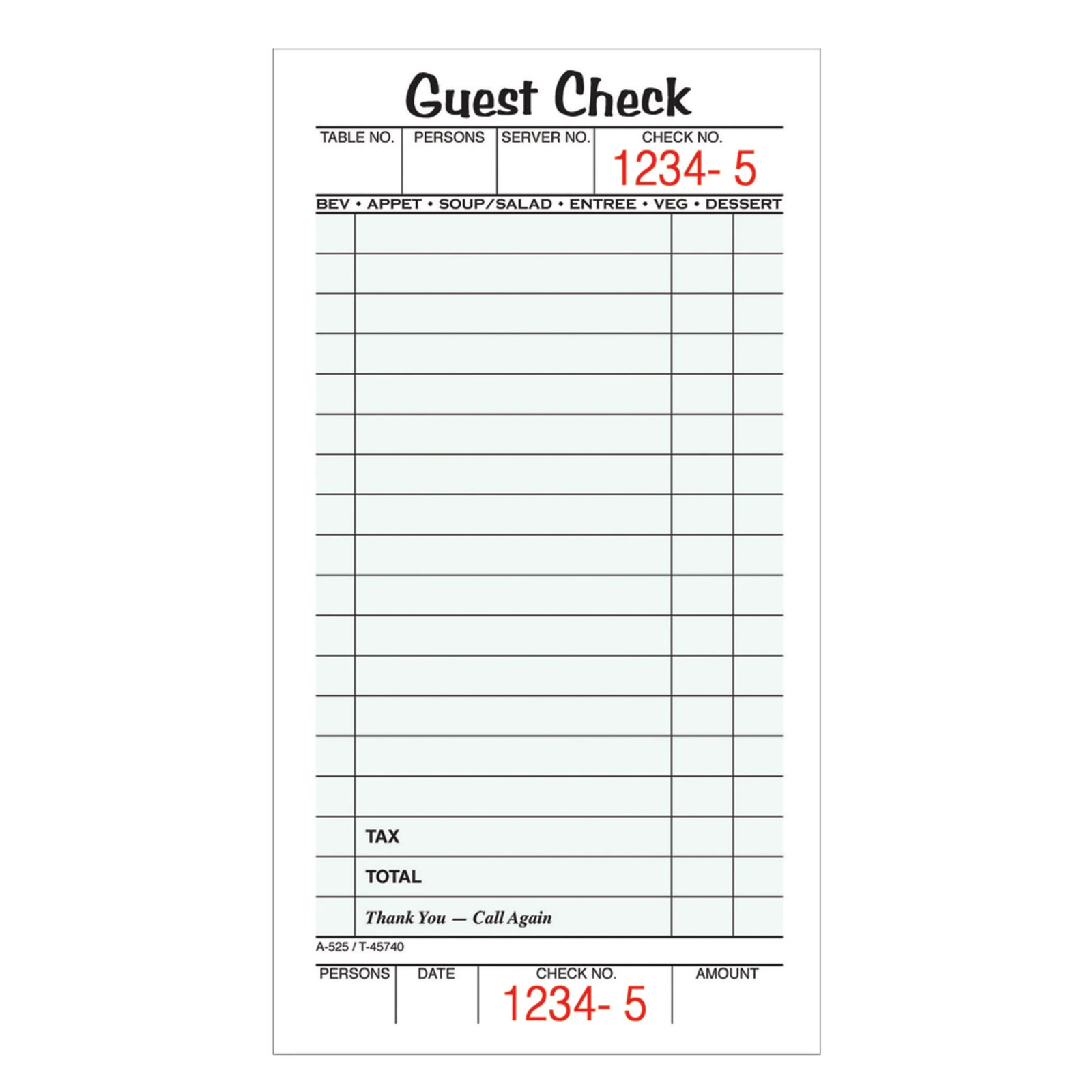 Adams 1-Part Guest Check Books, 3 2/5″ x 6 3/4″, 10 Pads Of 50 Sheets Each