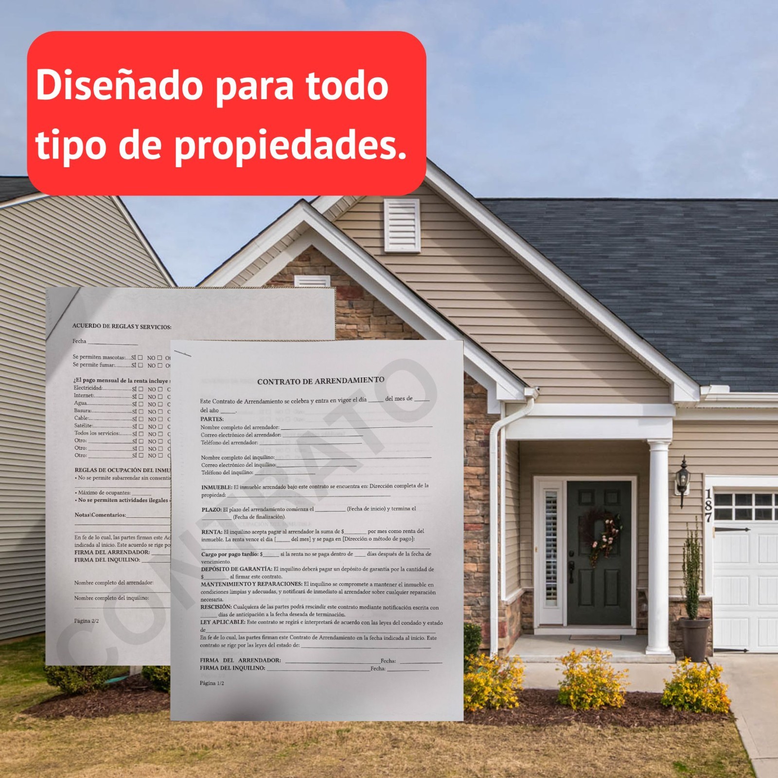 Contrato de Arrendamiento en ESPAÑOL (5X) Contrato de renta universal 2 páginas.