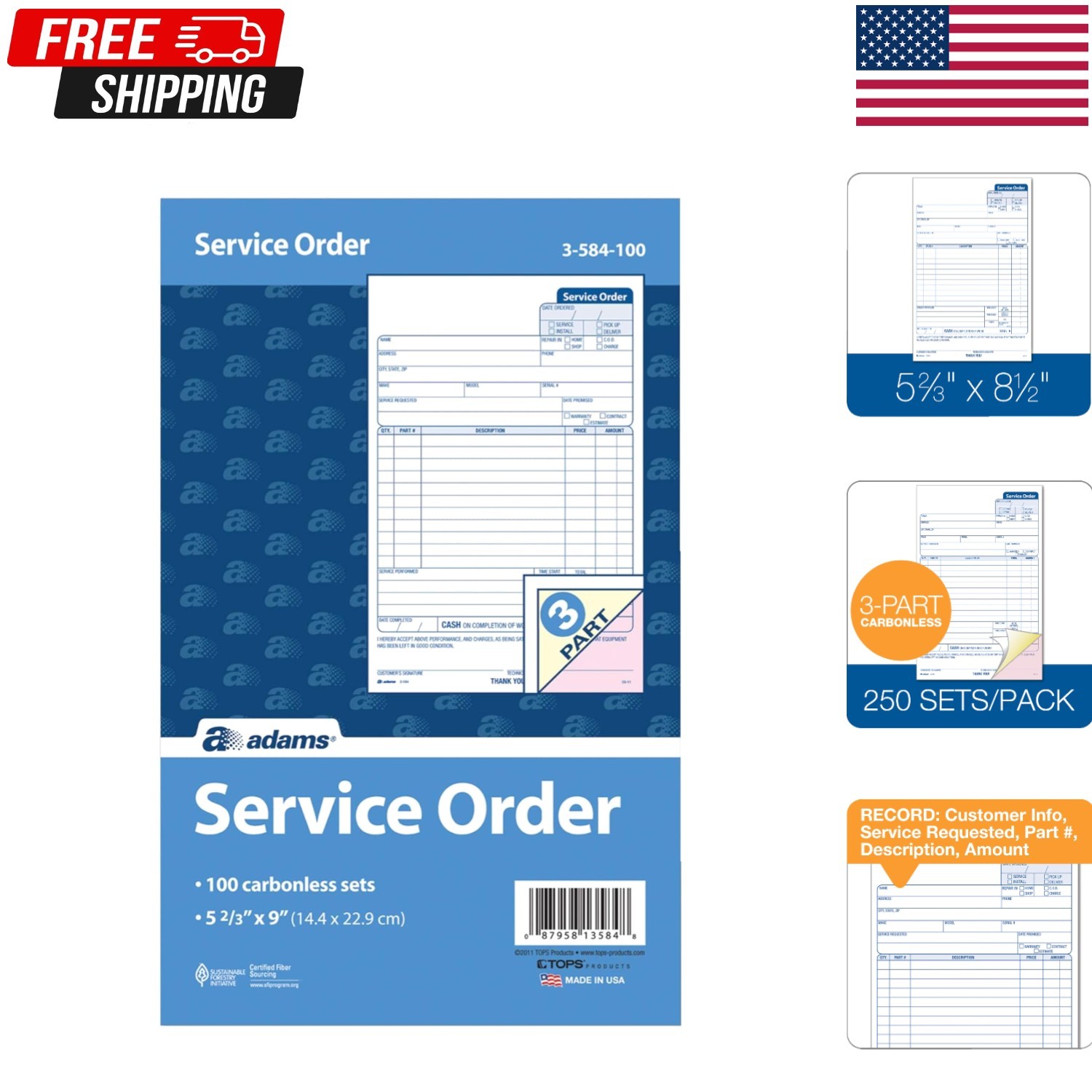 Adams Service Order Form, 3 Part, Carbonless, 5 2/3″X9″ Inch, 250 Sets per Pack
