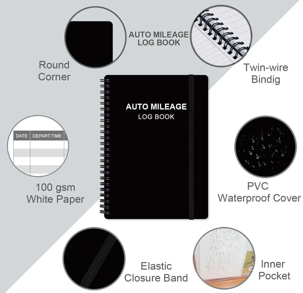 Auto Mileage Log Book Black 5.8”X8.3”