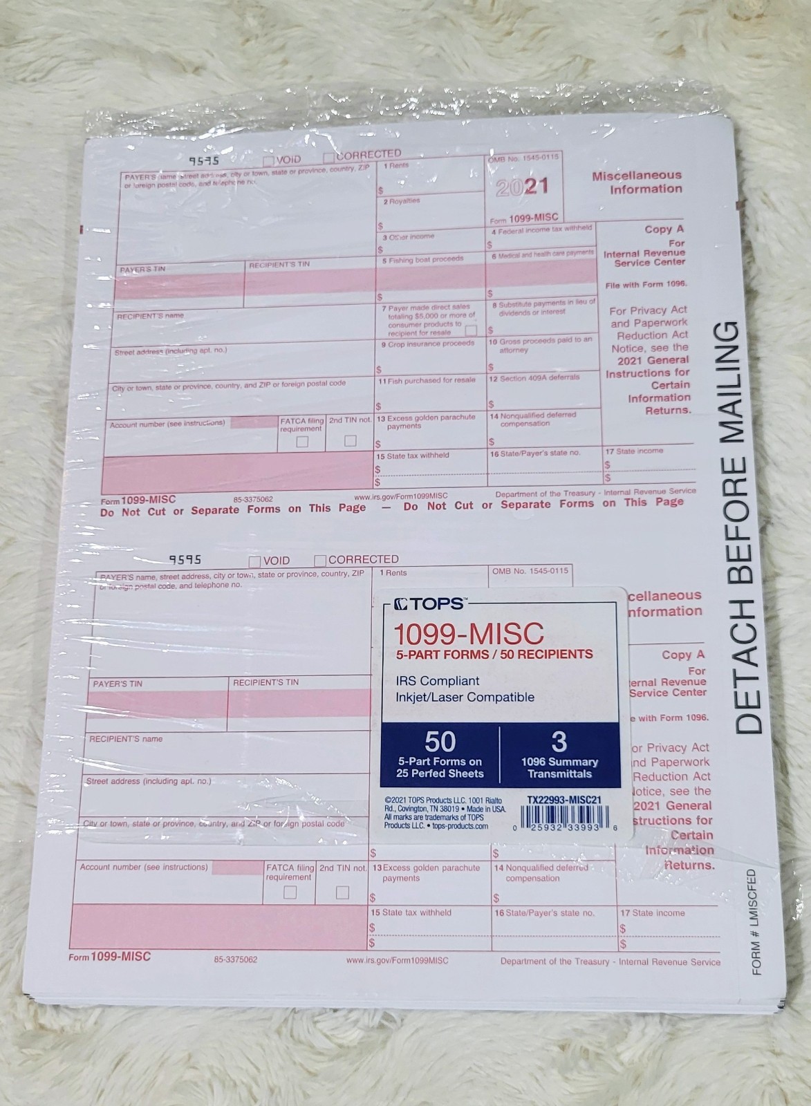 TOPS 1099-MISC 2021 5 Part Tax Forms 50 Recipients Inkjet Laser 1096 Summary📌