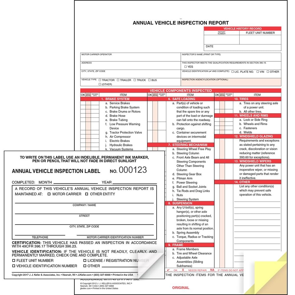 J. J. Keller 25-Pack, Annual Vehicle Inspection Report Form & Adhesive Vinyl …
