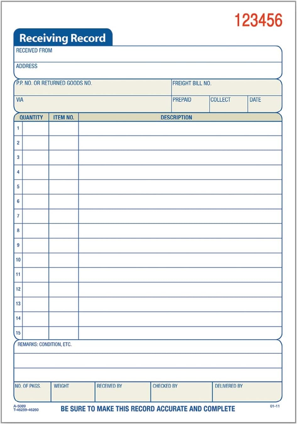 Receiving Record Book, 2-Part, Carbonless, 5-9/16 X 8-7/16 In 50 Sets per Book