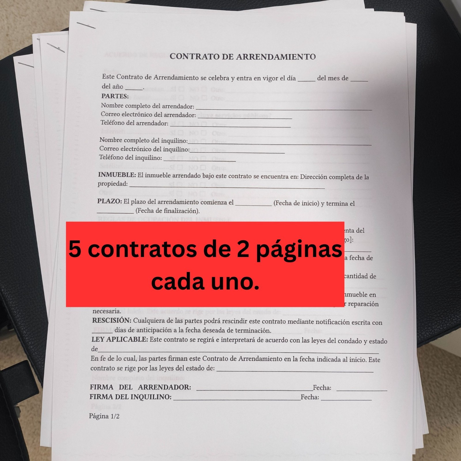 Contrato de Arrendamiento en ESPAÑOL (5X) Contrato de renta universal 2 páginas.