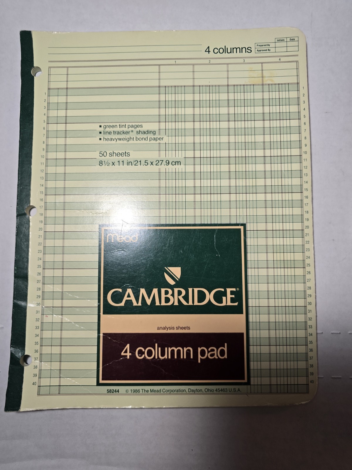 Vintage Mead Cambridge Analysis Sheets 4 Column Pad 50 Sheets; 58244