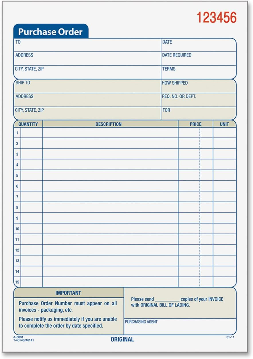 Purchase Order Book, 3-Part Carbonless, White/Canary/Pink, 5-9/16 X 8-7/16 Inche