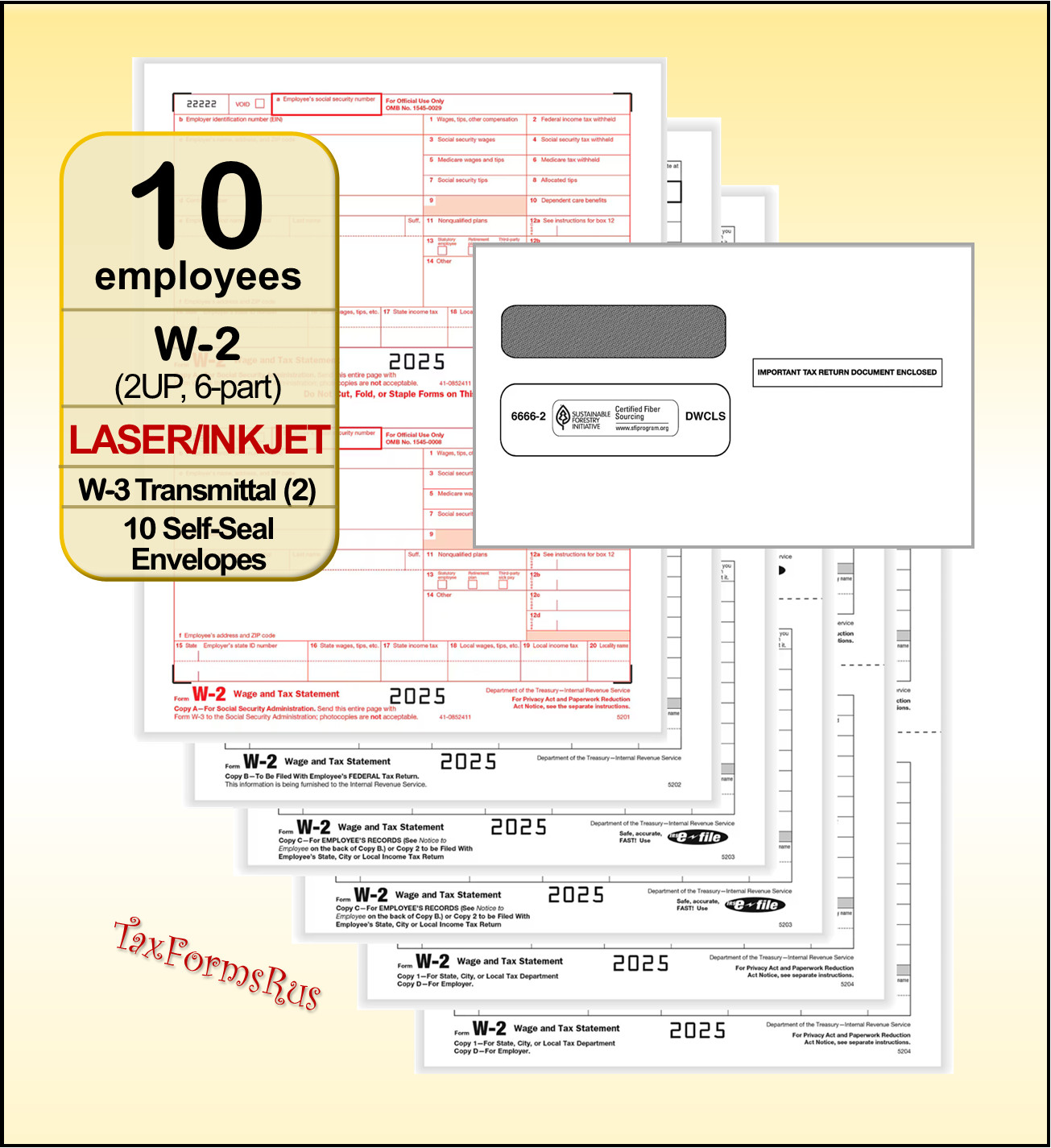 2025 IRS TAX FORMS KIT: W-2 Wage Stmts LASER for 10 employees+envelopes +(2)W-3