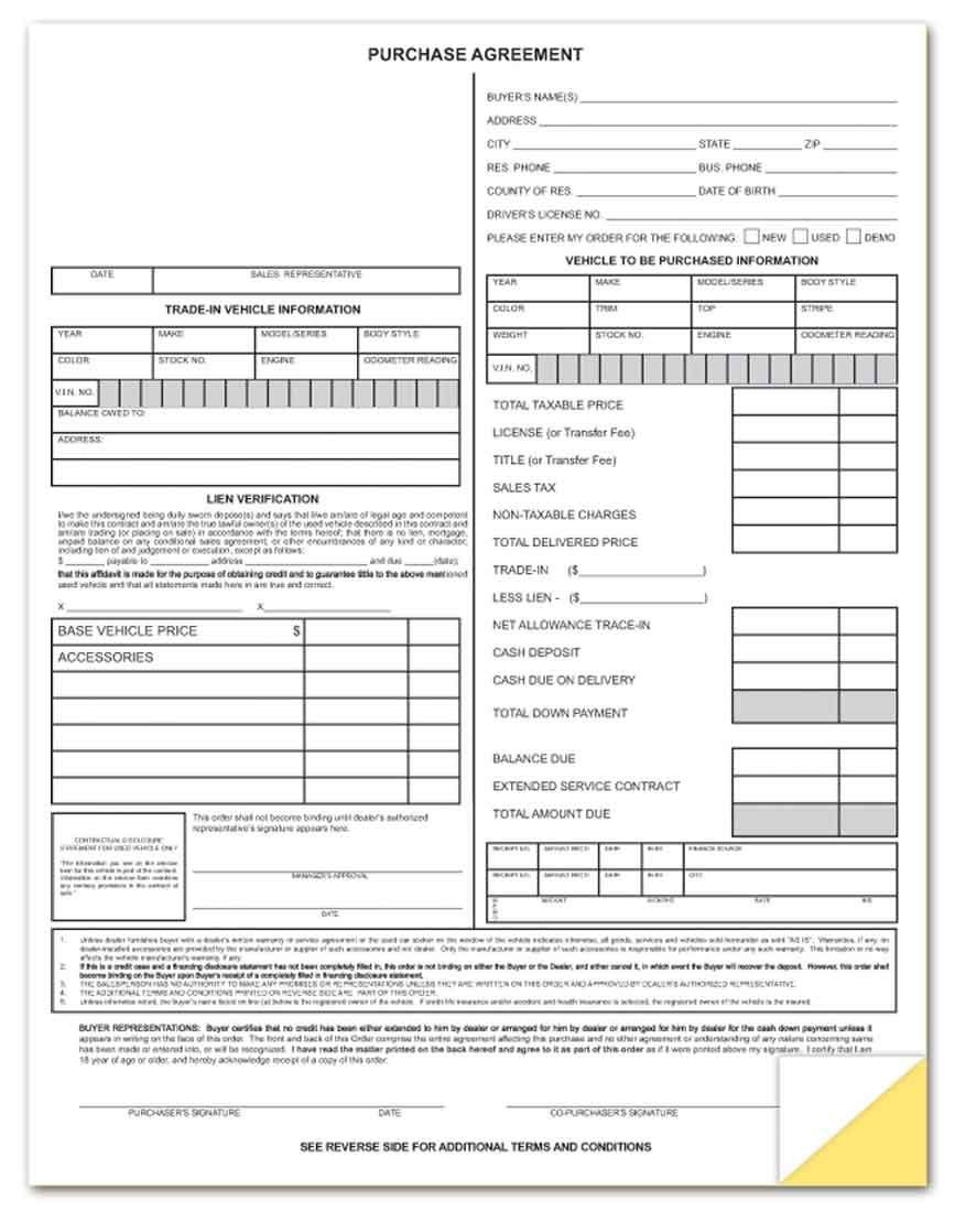 100 Pack Vehicle Purchase Agreement Forms 2 Part Auto Sales Contract Paper Set