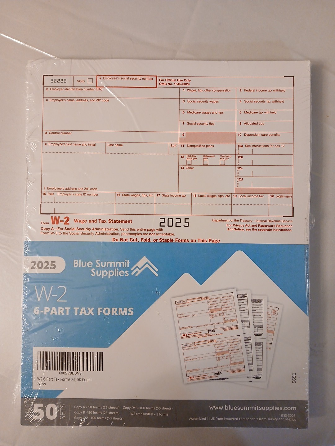 2025 W2 6 Part Tax Forms Kit, 100 Employee Kit of Laser Designed…