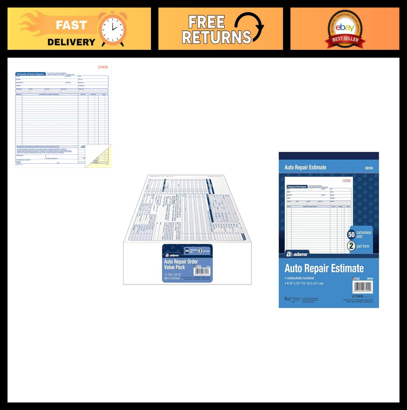 Garage Repair Order Forms 250-Count, 3 Parts, Carbonless, Auto Estimate Book, 8.