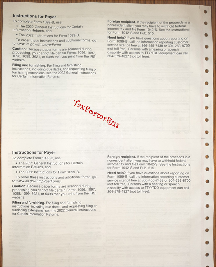 2022 IRS Tax Form 1099-B single sheet set for 2 recipients carbonless 5-part 2up