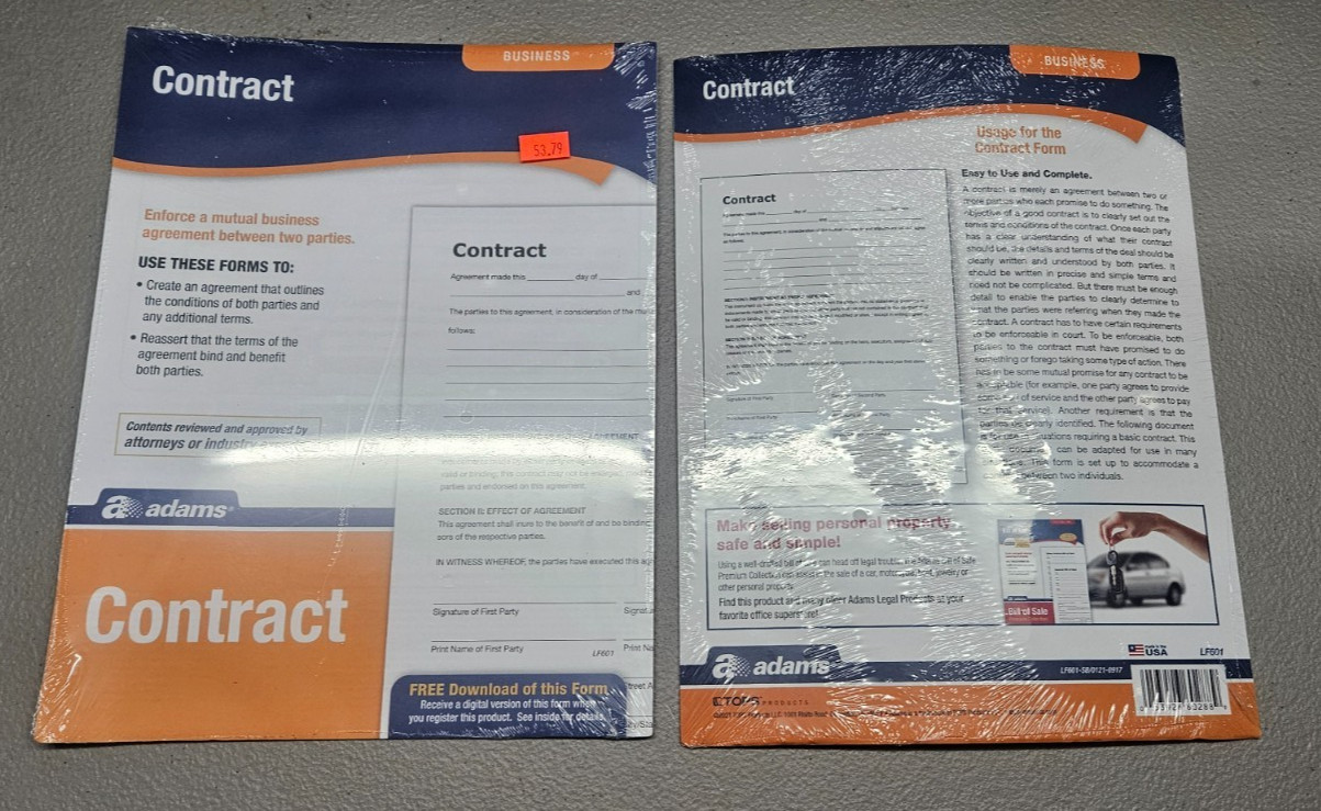 Set of 2 Adams Contract Business Forms BRAND NEW Sealed In Packages