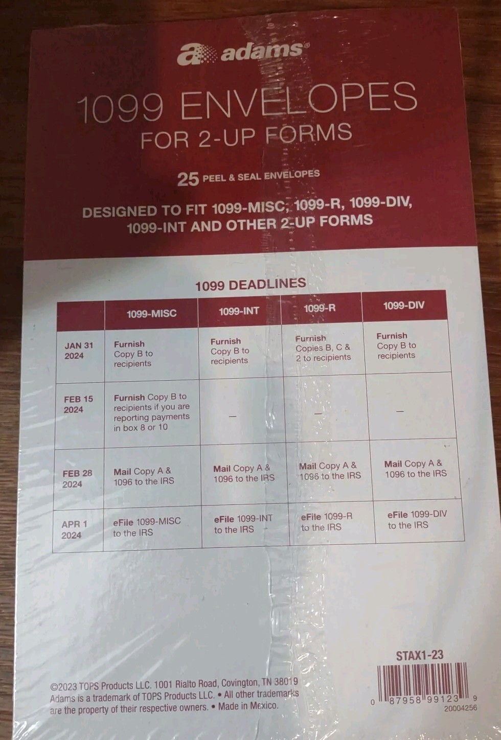 50 SEALED ADAMS 1099-INT-MISC-R-DIV-INT-OTHER 2-UP FORMS PEEL AND SEAL ENVELOPES