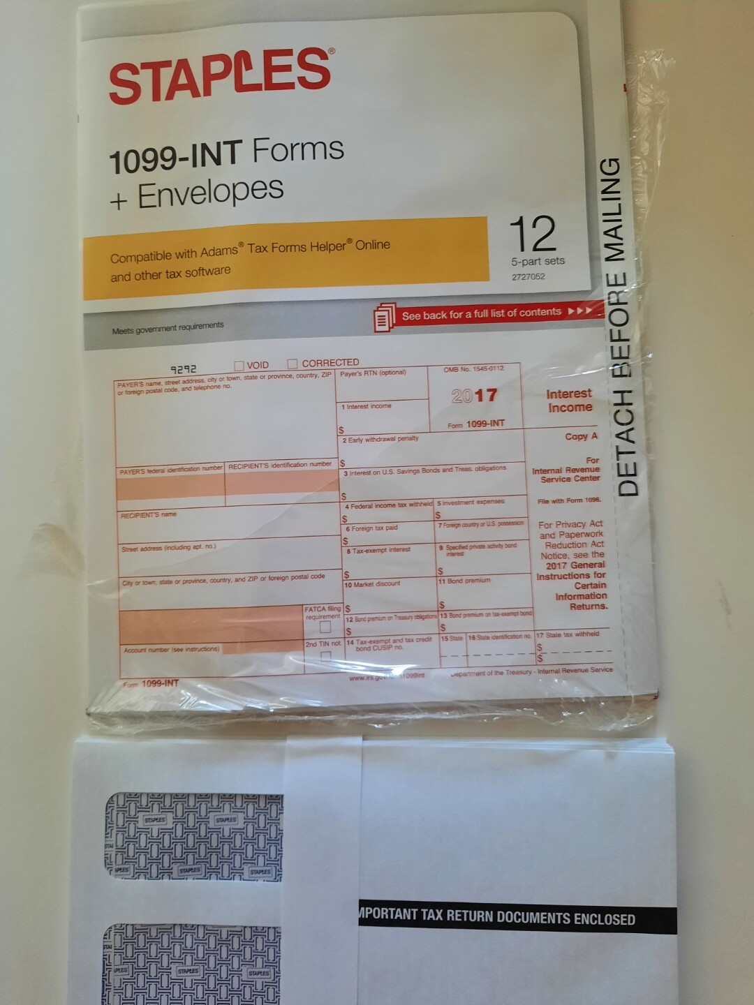 2017 1099-INT Laser Interest Income Tax Forms 10 forms 5-part sets w/ envelopes