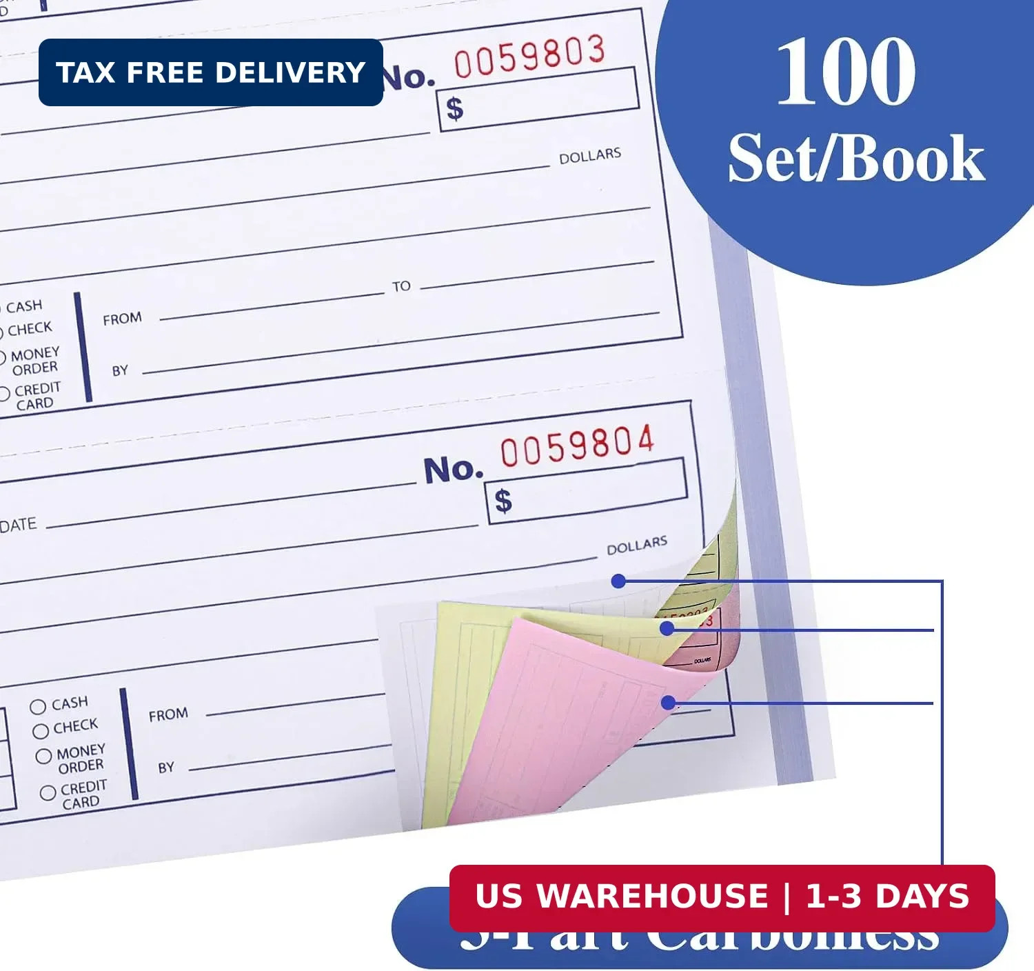 10 Pack Receipt Books with Carbon Copies, Rent Receipt Book, 3-Part Carbonless,