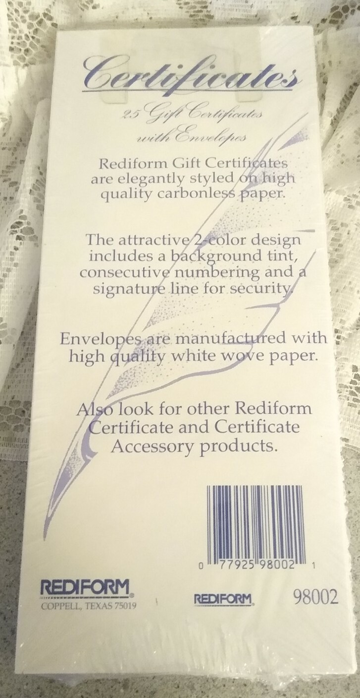 Rediform #98002 Elegant Blue & Gold Gift Certificates w/Envelopes Pack of 25