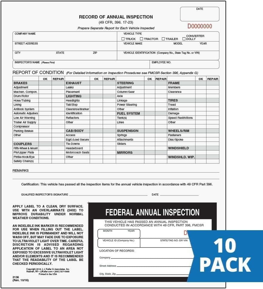 J. J. Keller 10-Pack, Record of Annual Inspection Form with Inspection Label,…