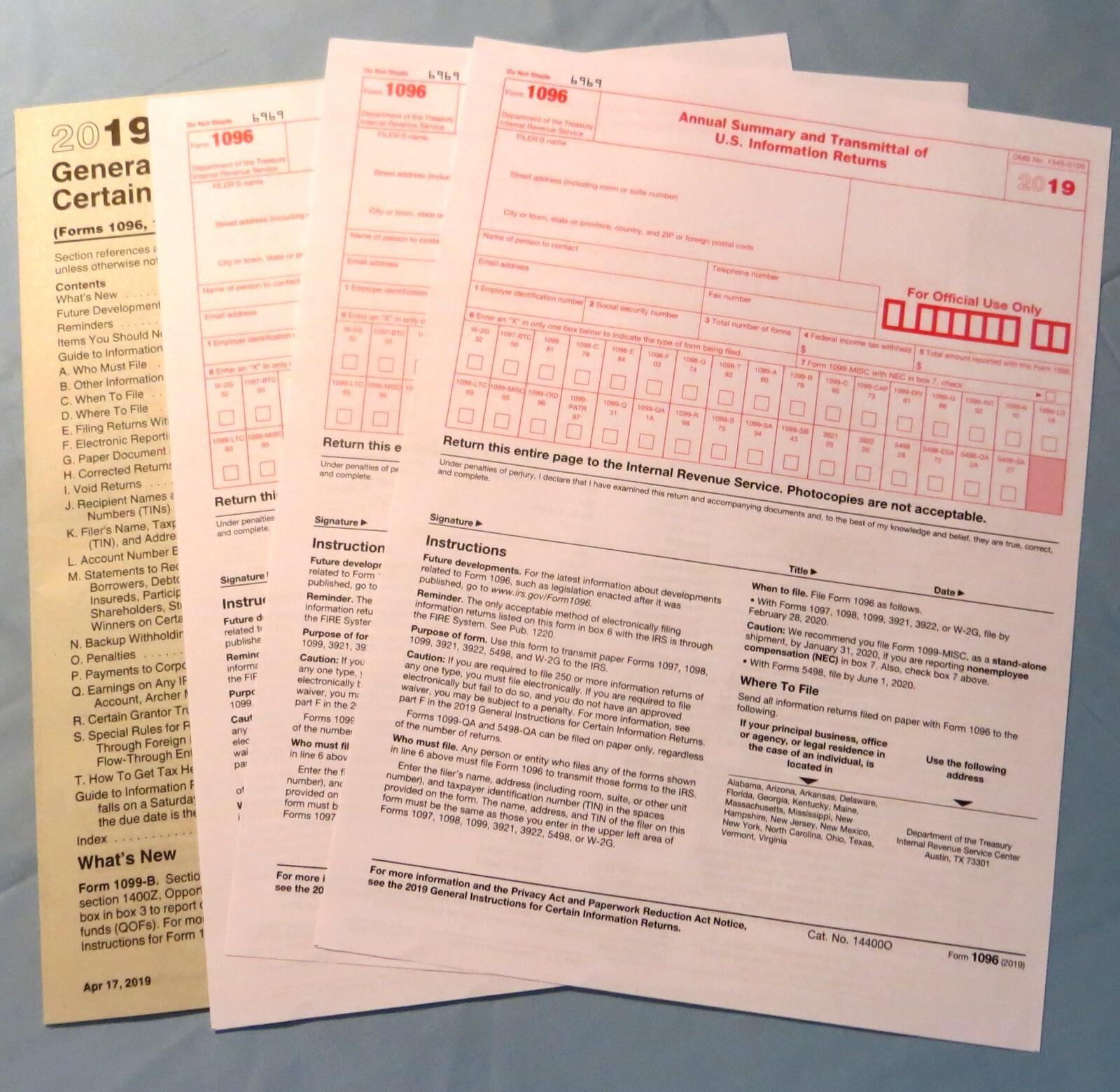 2019 IRS (6) 1099-Misc Forms, (3) 1096Transmittal Forms, Instructions
