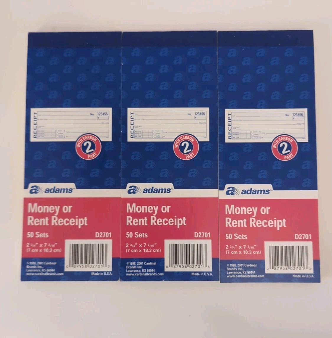 3 Adams Money/Rent Receipt Books, 5 3/8 x 2 3/4, 2-Part, Carbonless, 50 Set Book