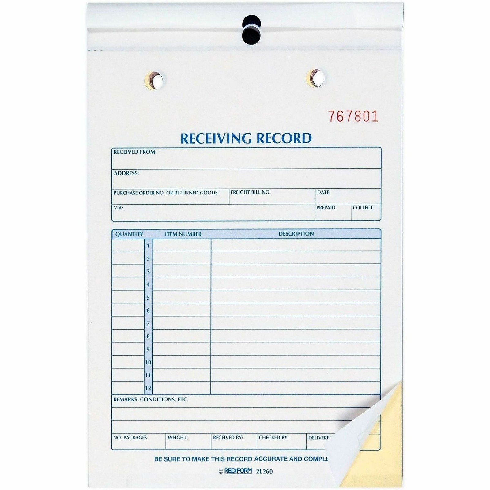 Rediform 2L260 Receiving Record Slip Book 50 Sheets Carbonless
