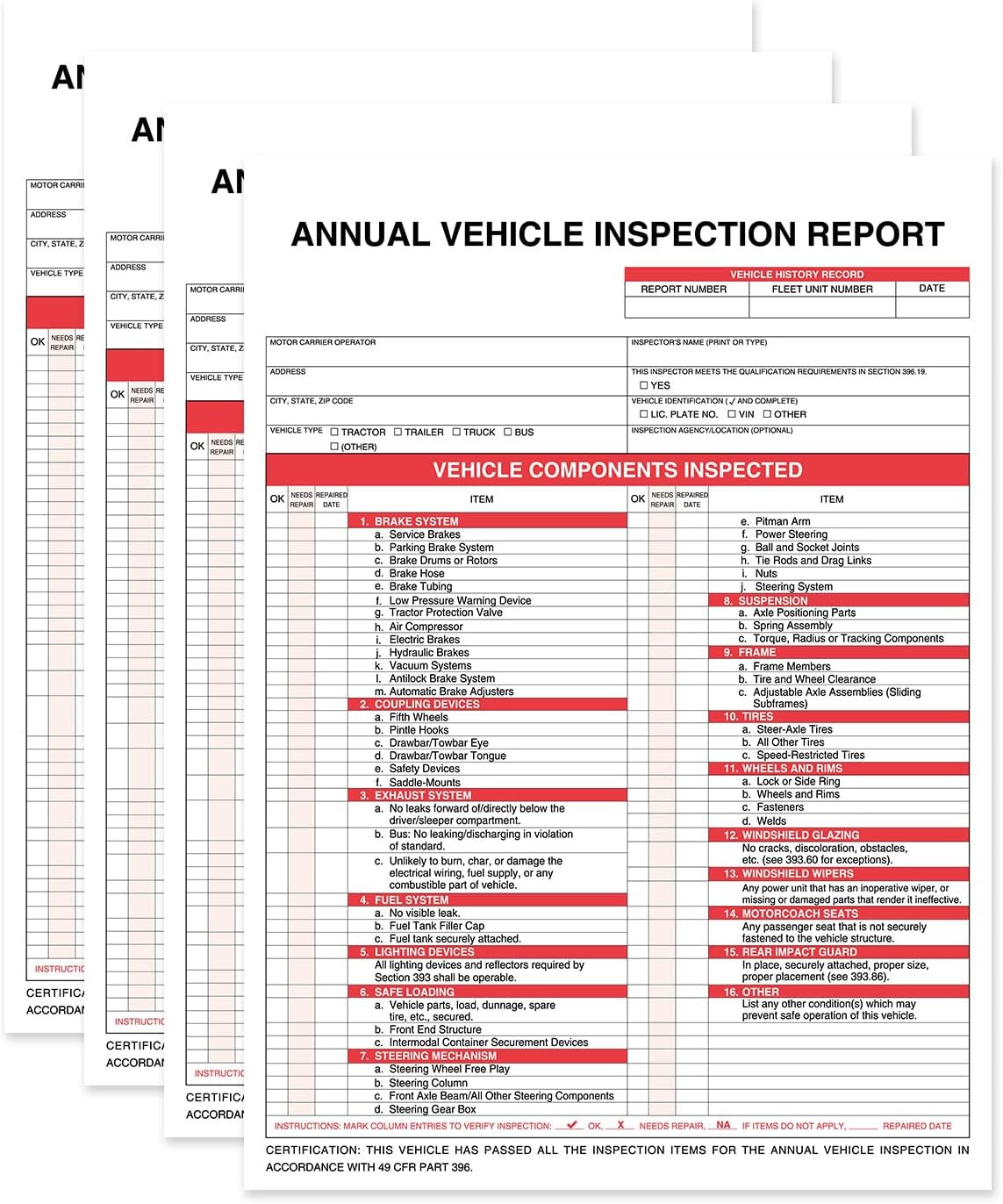 Annual Vehicle Inspection Report Form 25-Pk 3-Ply Carbonless, 8.5″ X 11.75″ +…