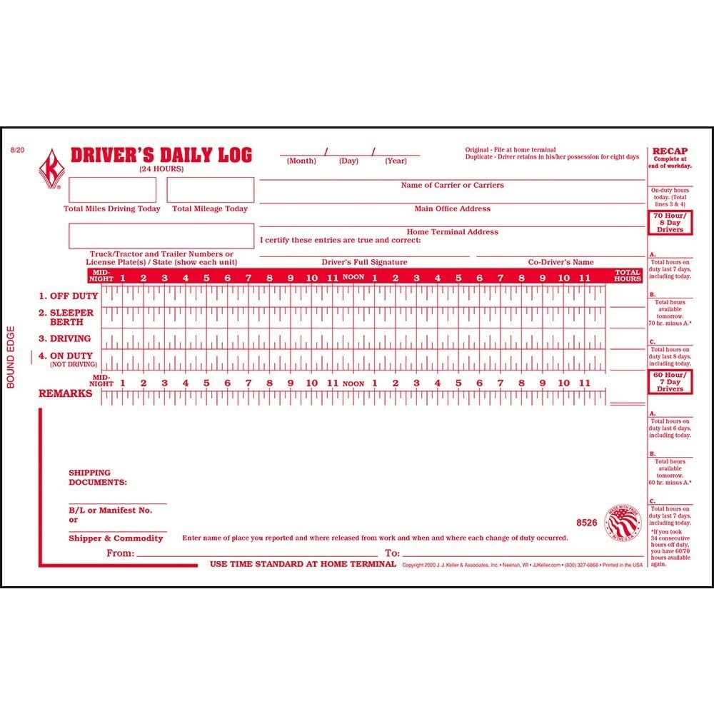 Driver Daily Log Book 5-pk. with 7- and 8-Day Recap – Book Format, 2-Ply Carbonl